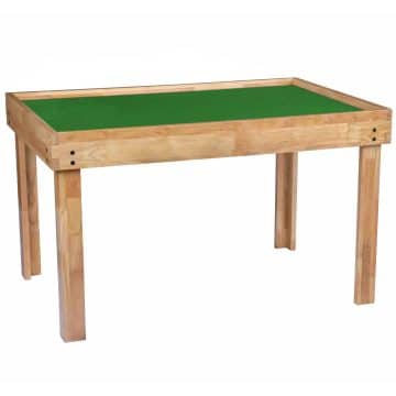 natural wood gamer table with green game mat