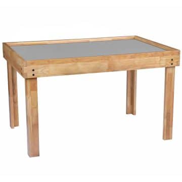 natural wood gamer table with grey game mat